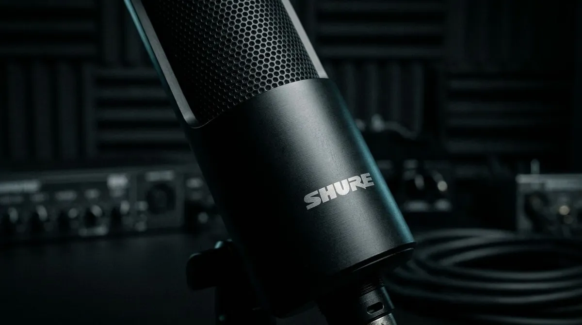 Close-up do microfone Shure SM4 em metal preto fosco em um pedestal de estúdio.