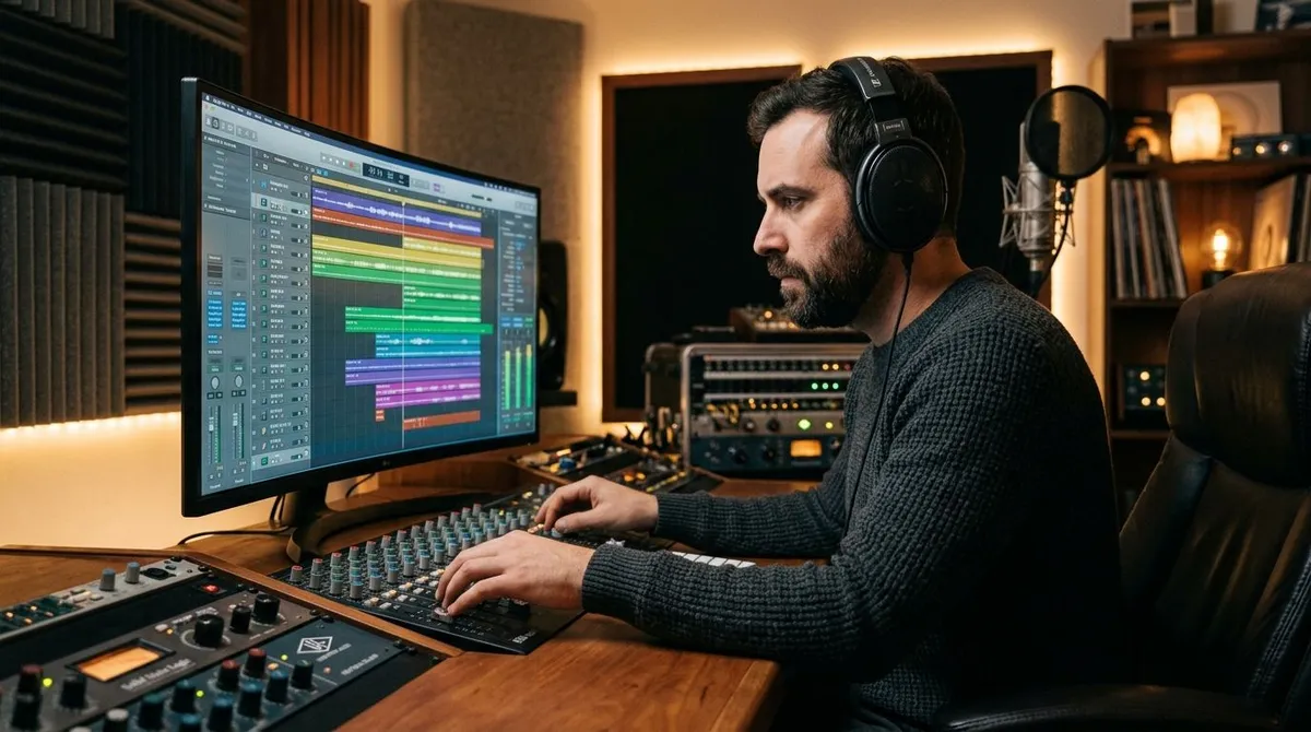 produtor musical trabalhando com IA