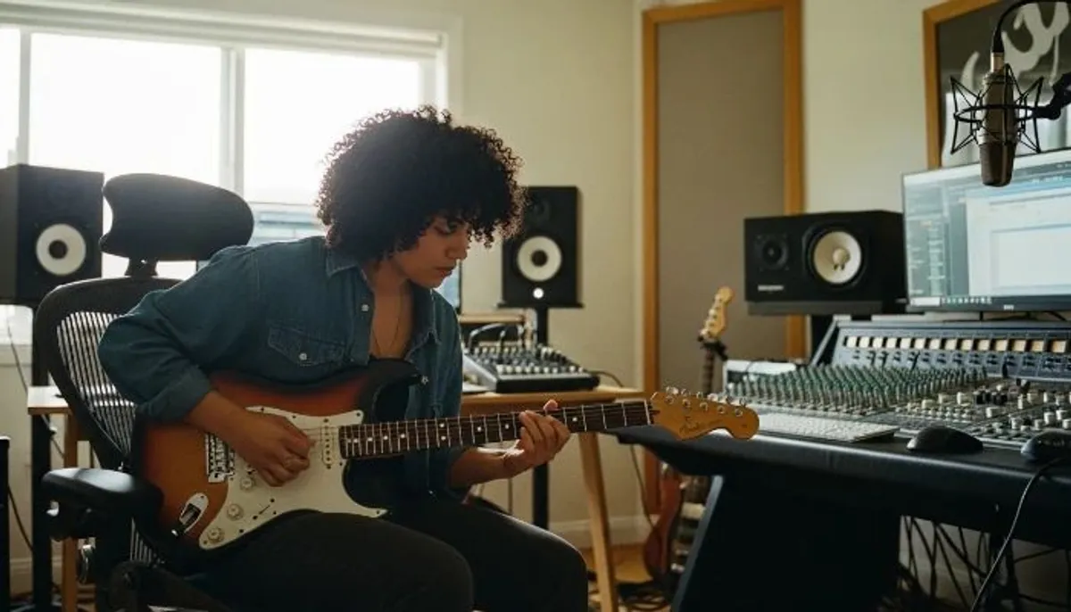 rafa tocando guitarra na cadeira ergonômica