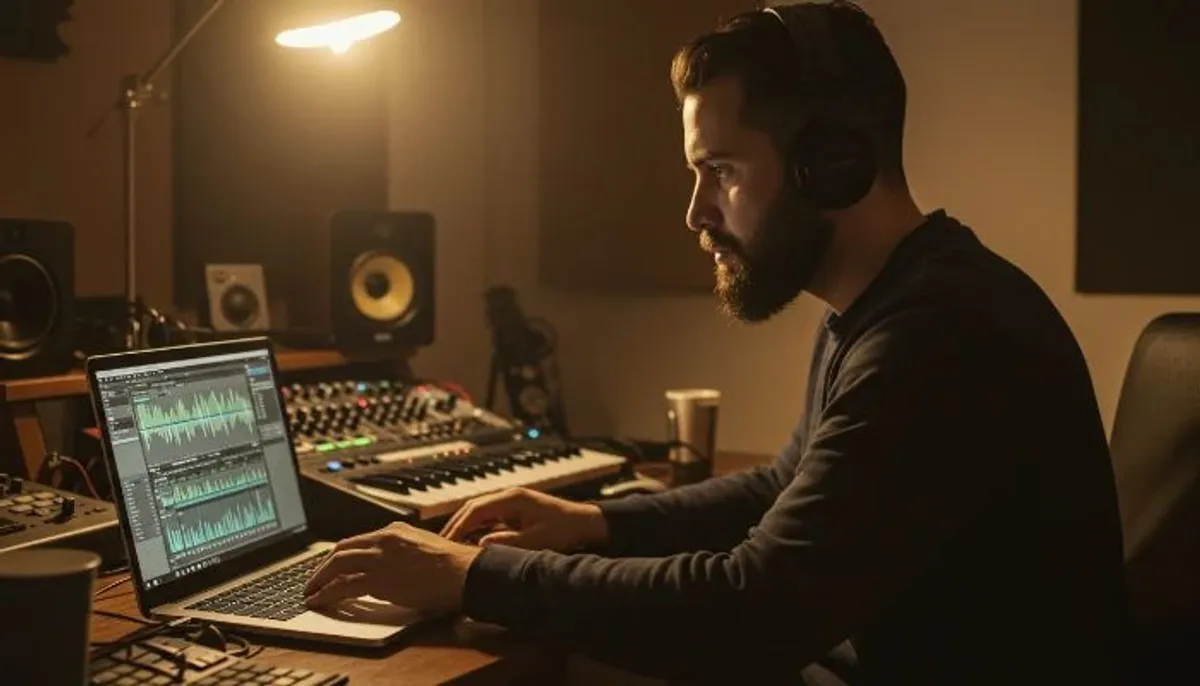produtor musical masterizando áudio no laptop