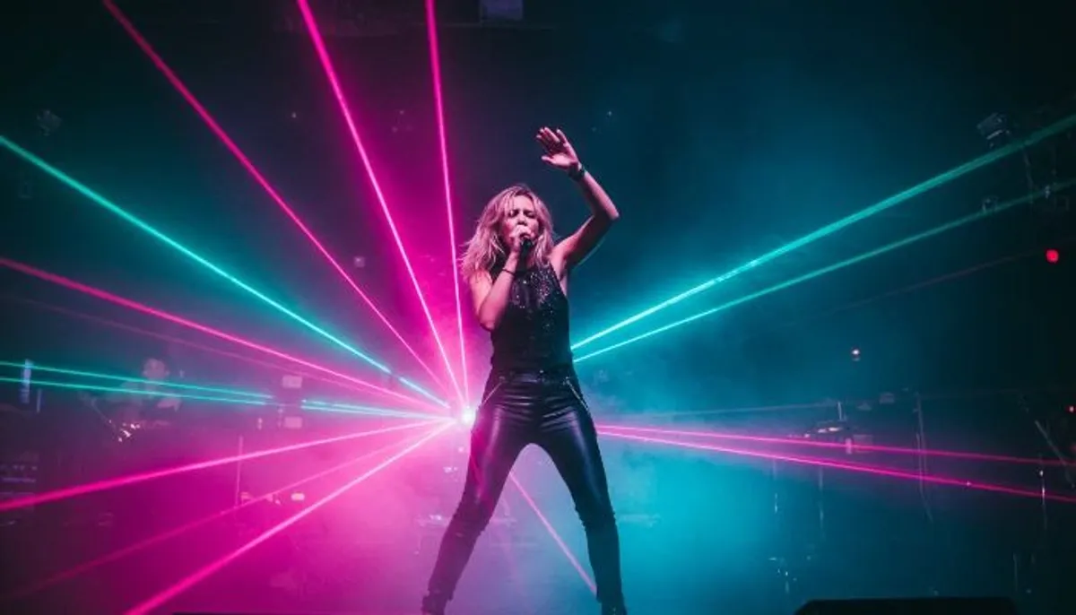 artista cantando no palco com lasers ciano e magenta