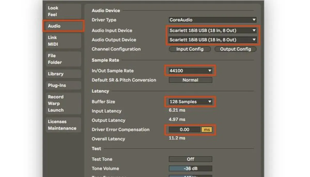 latência da interface Scarlett 18i8 no Ableton