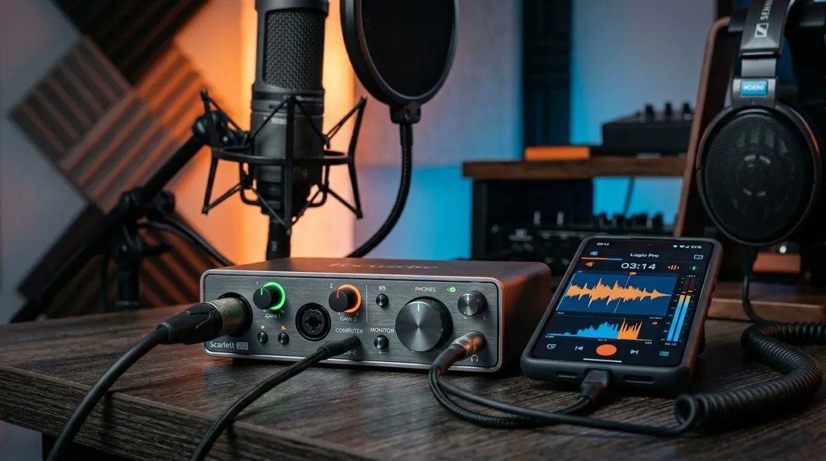 Interface de áudio conectada a um smartphone em ambiente de estúdio.
