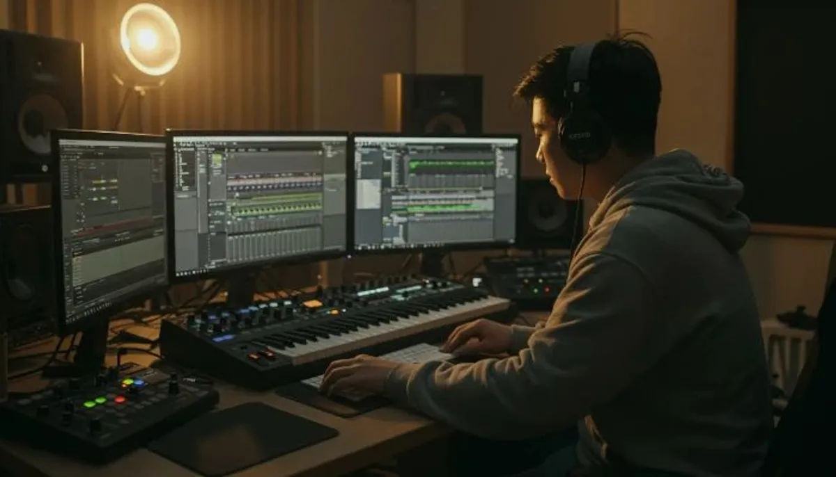 jovem trabalhando com software musicais no home studio