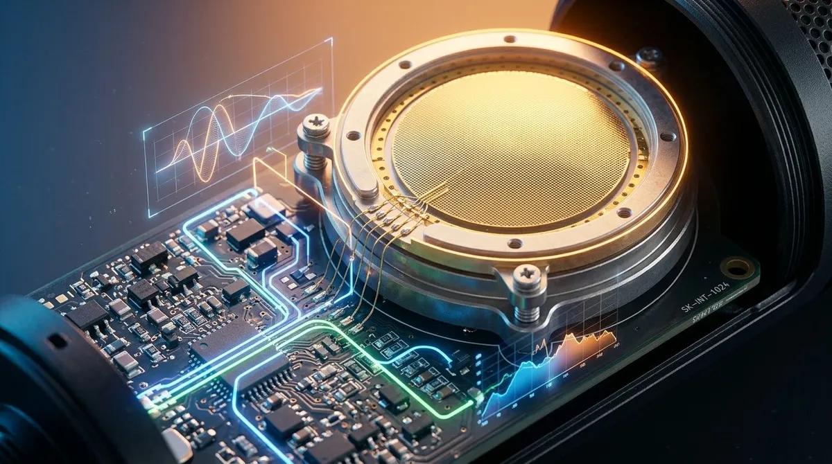 Diagrama técnico e detalhado da cápsula de um microfone condensador profissional.