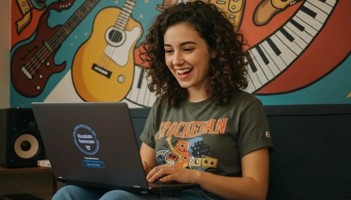 artista mulher com laptop conferindo transação via blockchain online