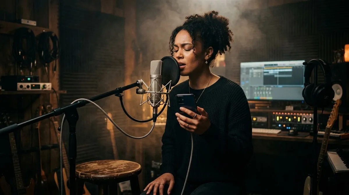 Cantor gravando vocal com microfone profissional conectado ao celular.