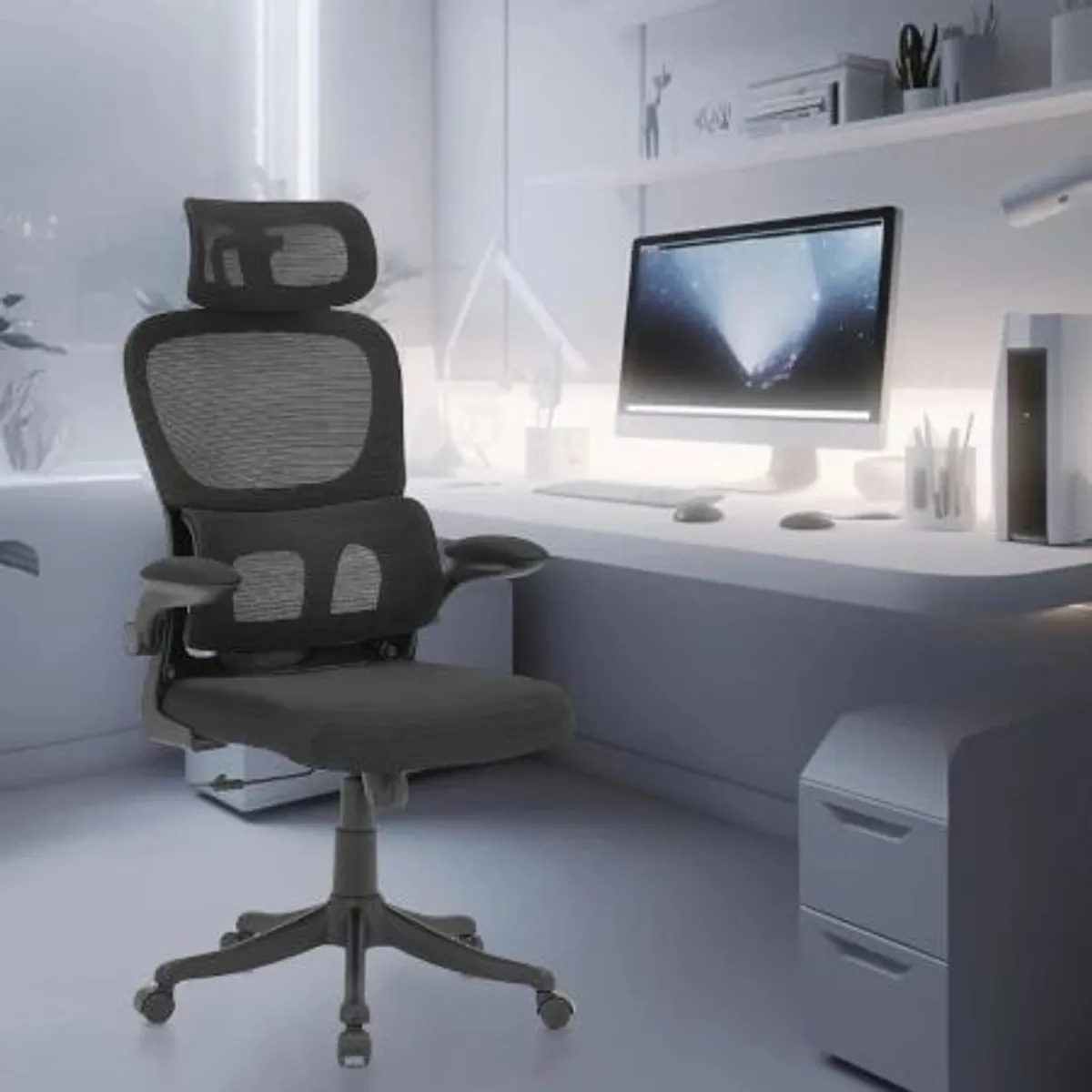 cadeira de escritório, design ergonômico com suporte lombar independente, malha respirável e encosto de cabeça ajustável