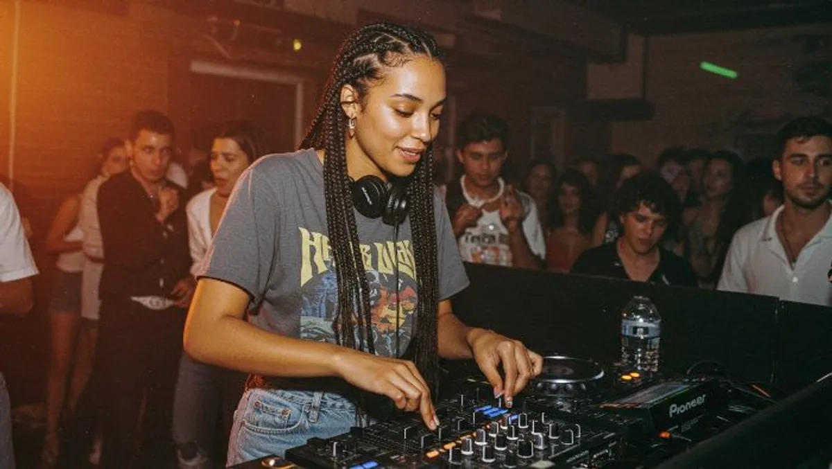 jovem mulher fazendo dj em uma festa